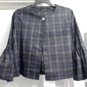 Zara "Black Watch'" (M) jacket with ruffle sleeves and rhinestone button